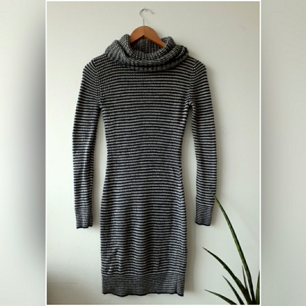 Striped Sweater Dress with Cowl Neck